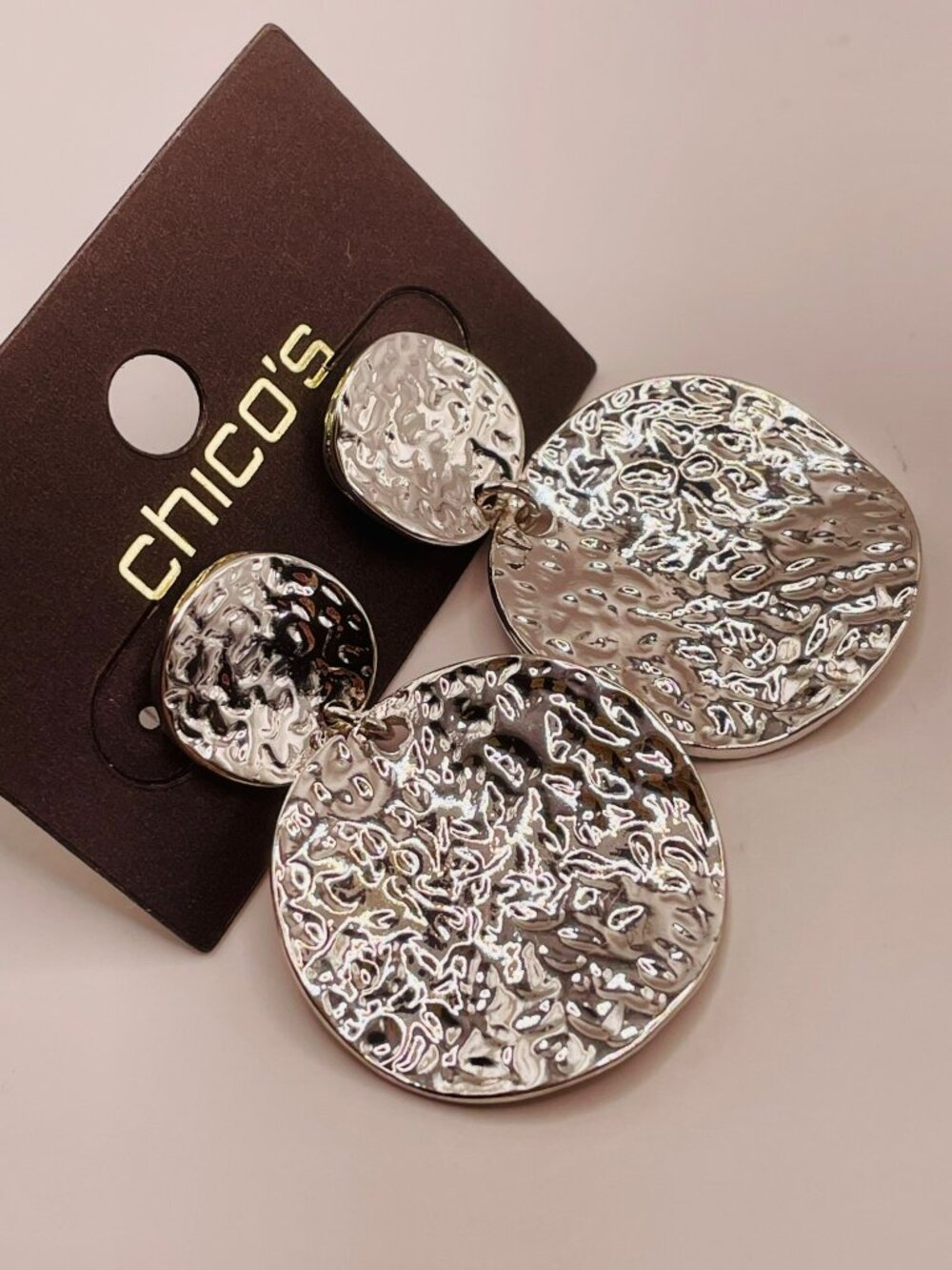 New Chico's Hammered Silver-Tone Double Disc Statement Earrings -18B